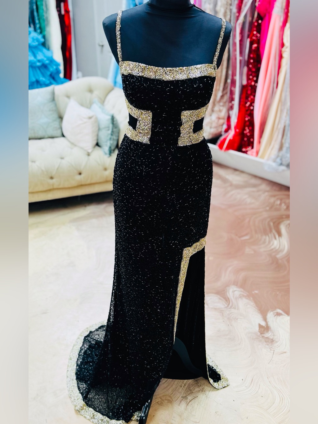 Black & Gold Beaded Prom Gown